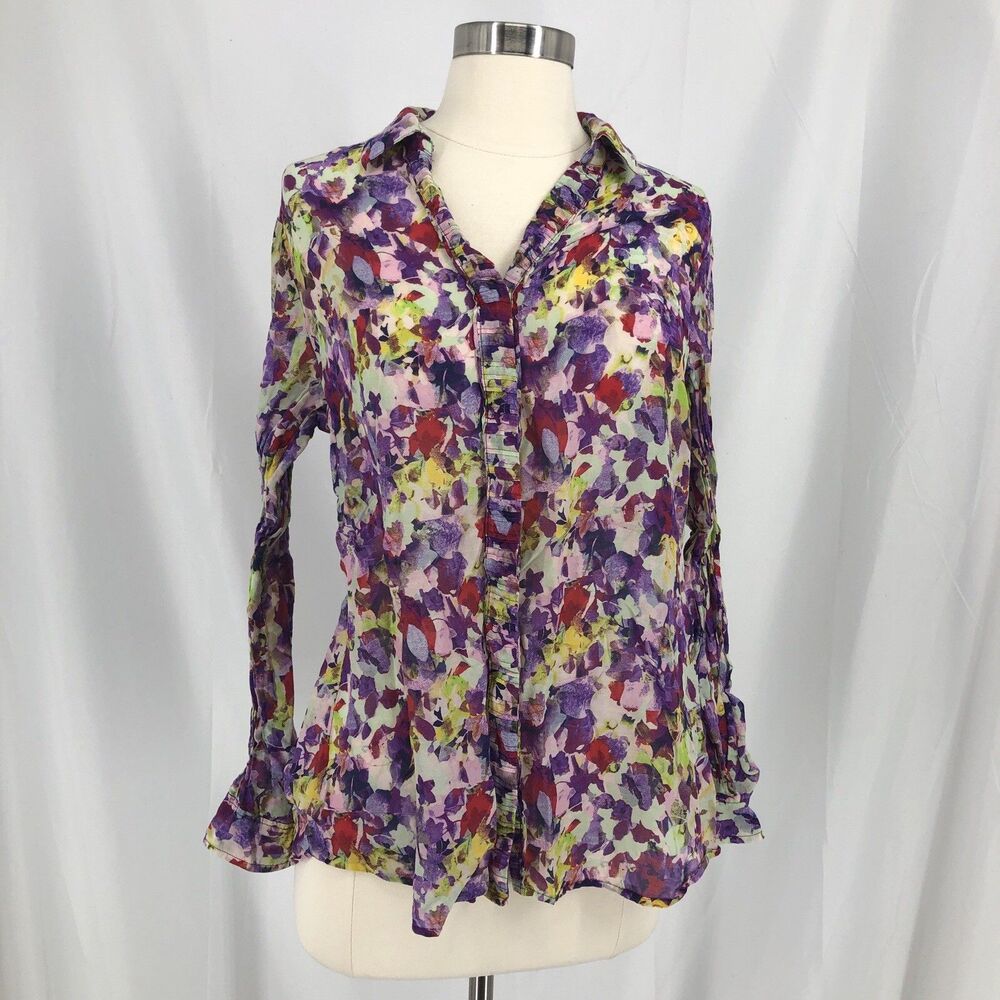 Coldwater Creek Women's Floral Multicolor Button-Up Collared Woven Blouse 14